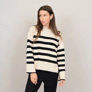 THURSDAYS Ivory Black Striped Synthetic Knit Crew Neck Sweater, Size M